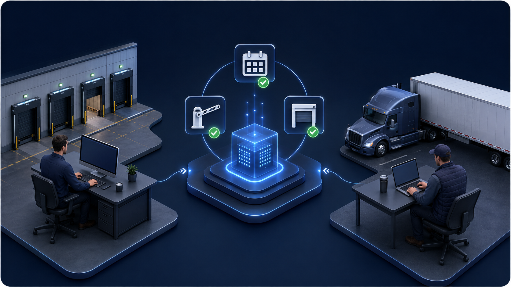 A warehouse manager and carrier dispatcher coordinating a dock reservation through one automated system